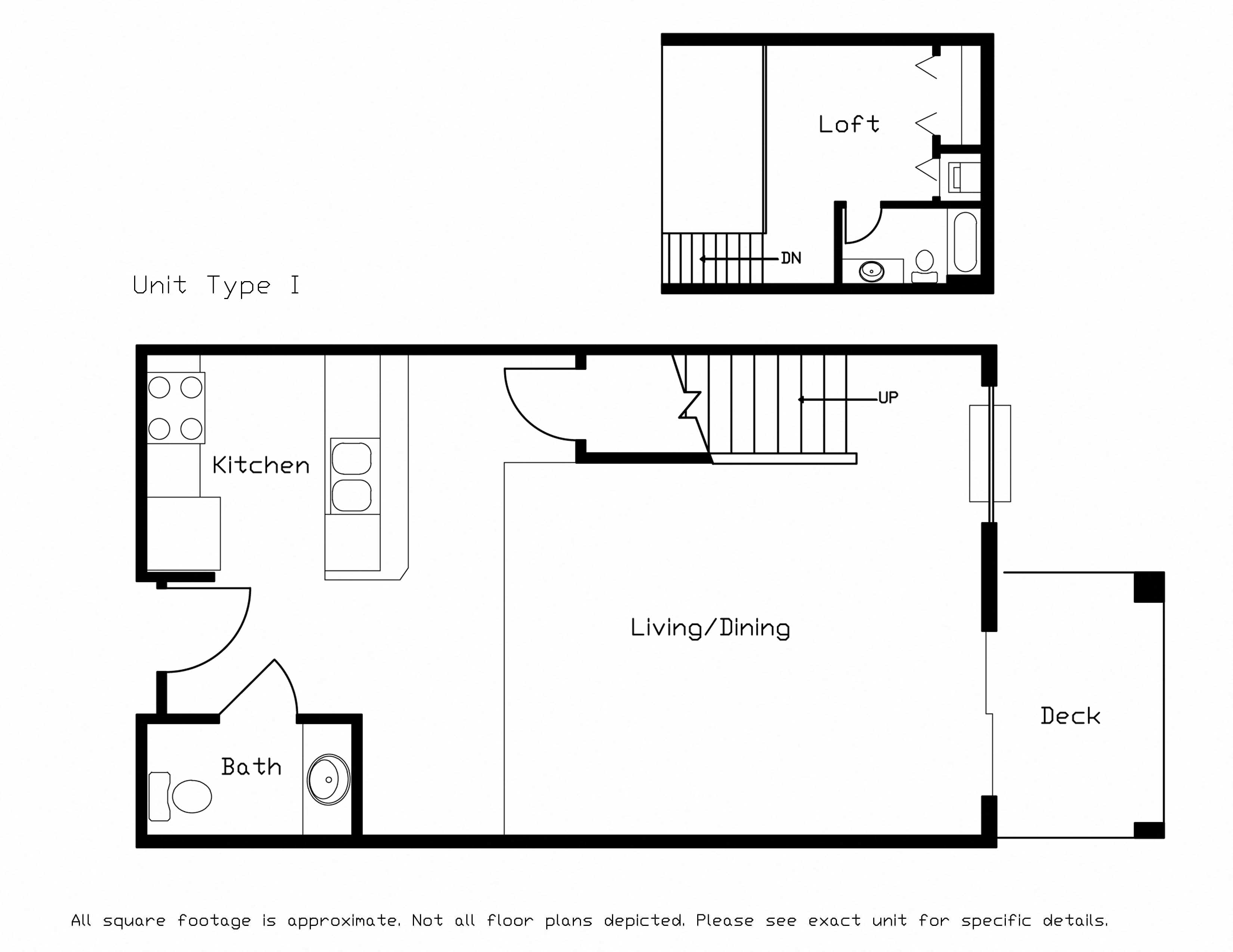 Floor plan for 1 bed, 1 bath, 838 sqft
